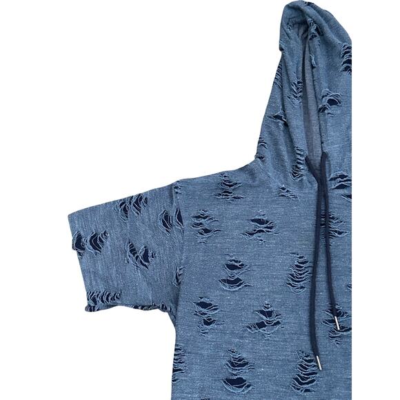 Becker & Mercer Mens Navy Blue Thrashed Distressed Hooded T Shirt Sz L Grunge - Picture 3 of 11